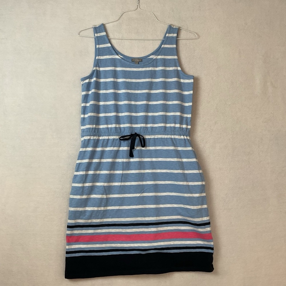 T By Talbots Tie Waist Dress Womens M Petite Blue White Stripe Sleeveless Knit